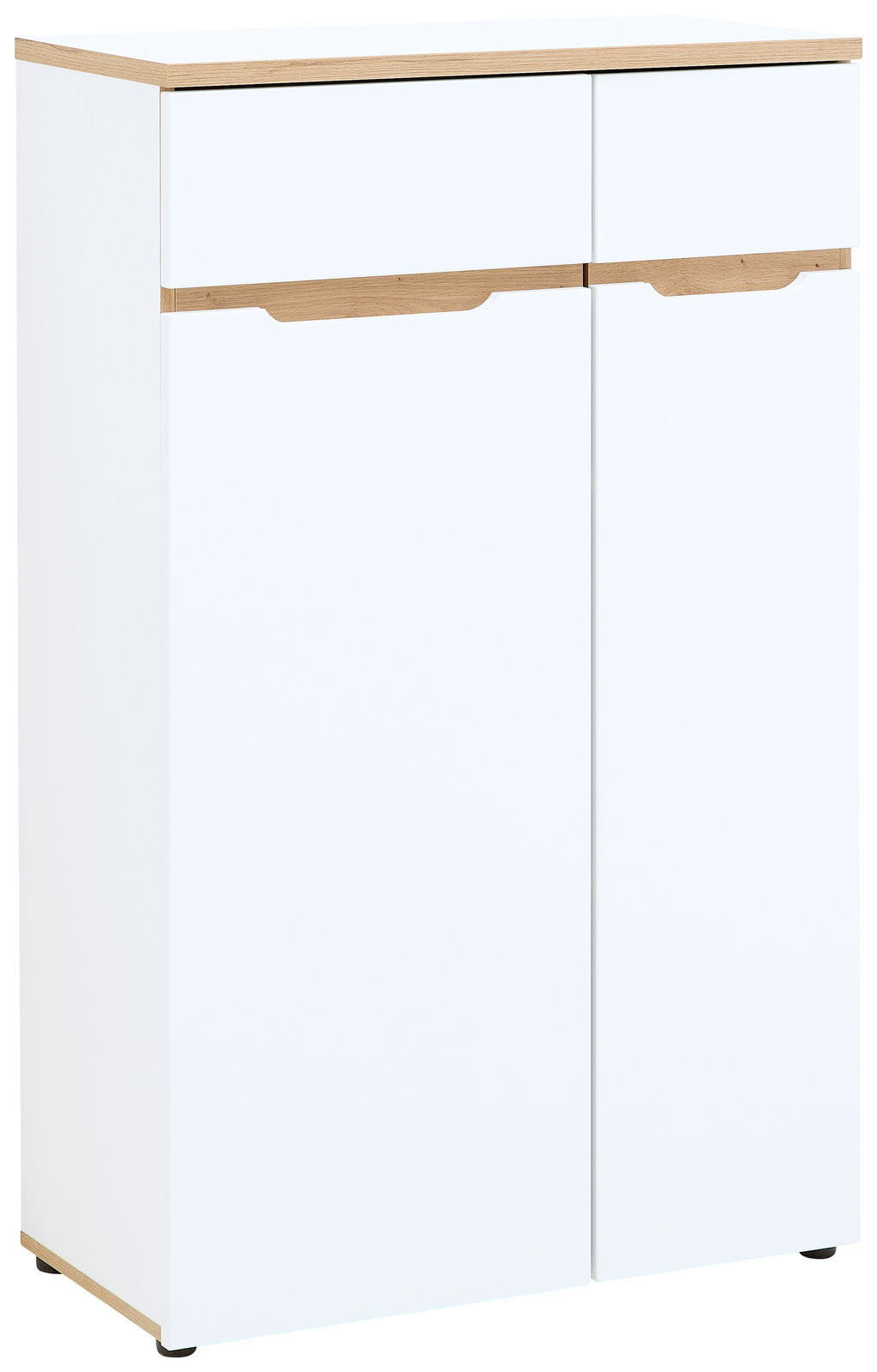 Voleo Aktenschrank niedrig DETROIT Moderner, niedriger Aktenschrank in Weiß mit Holzdetails, frontal abgebildet.