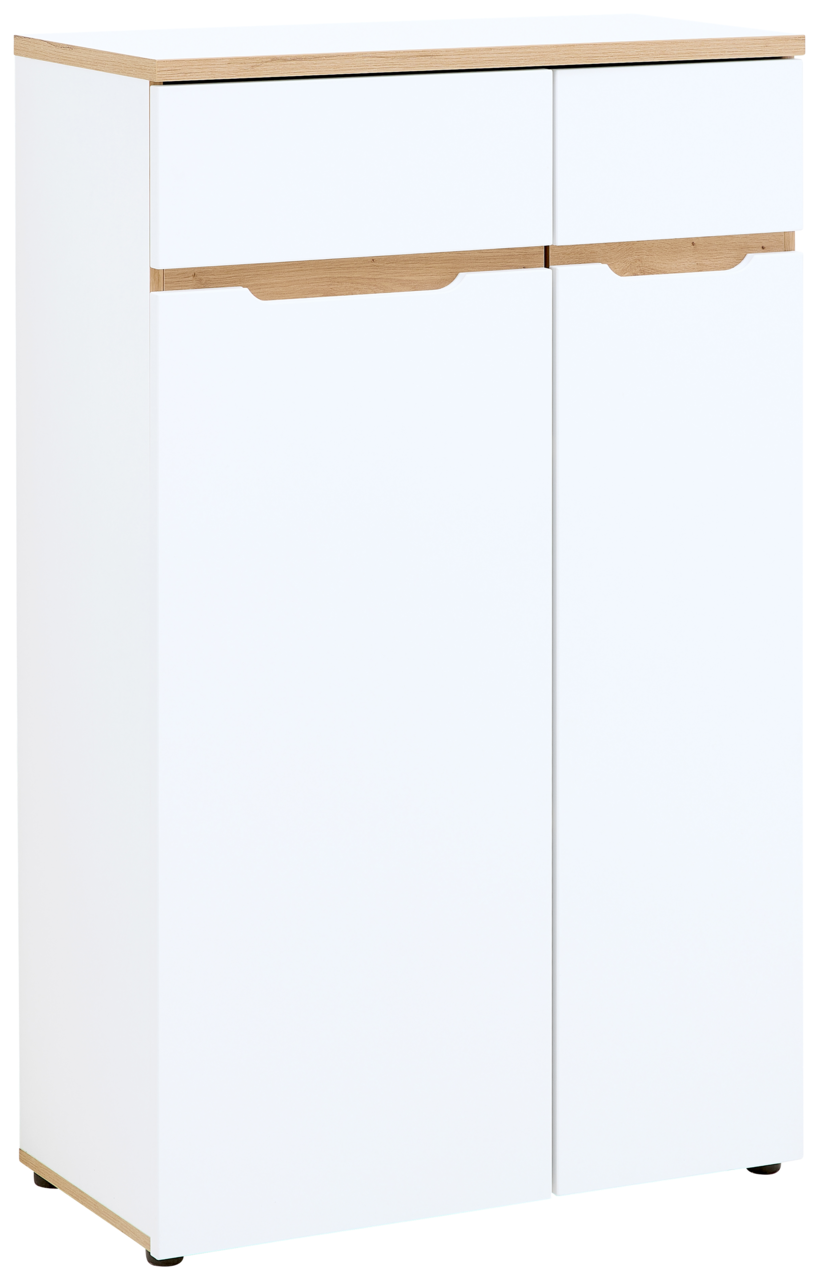 Voleo Aktenschrank niedrig DETROIT Moderner, niedriger Aktenschrank in Weiß mit Holzdetails, frontal abgebildet.