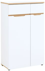 Moderner, niedriger Aktenschrank in Weiß mit Holzdetails, frontal abgebildet.