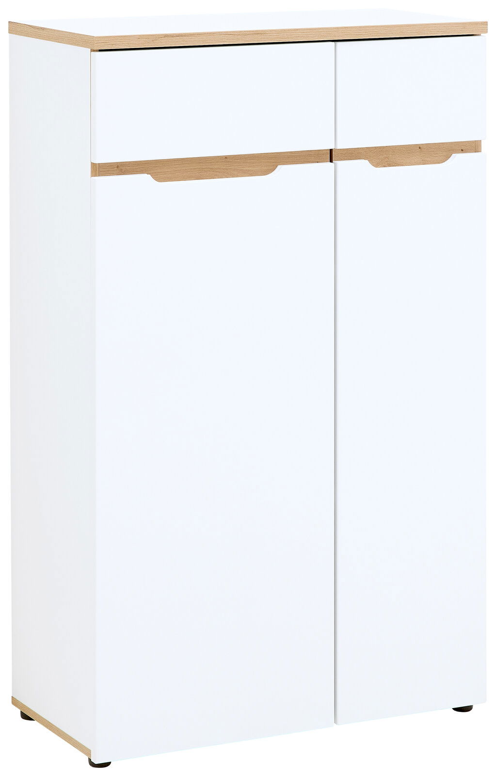 Moderner, niedriger Aktenschrank in Weiß mit Holzdetails, frontal abgebildet.