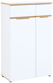 Moderner, niedriger Aktenschrank in Weiß mit Holzdetails, frontal abgebildet.