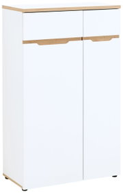 Moderner, niedriger Aktenschrank in Weiß mit Holzdetails, frontal abgebildet.