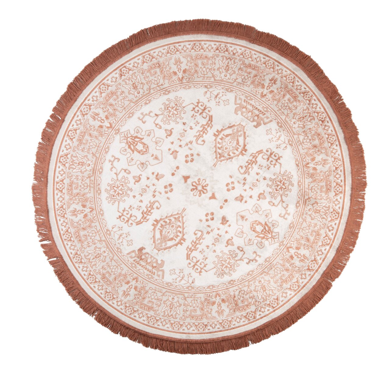 Runder Teppich mit orientalischem Muster in Beige und Rostrot, Draufsicht