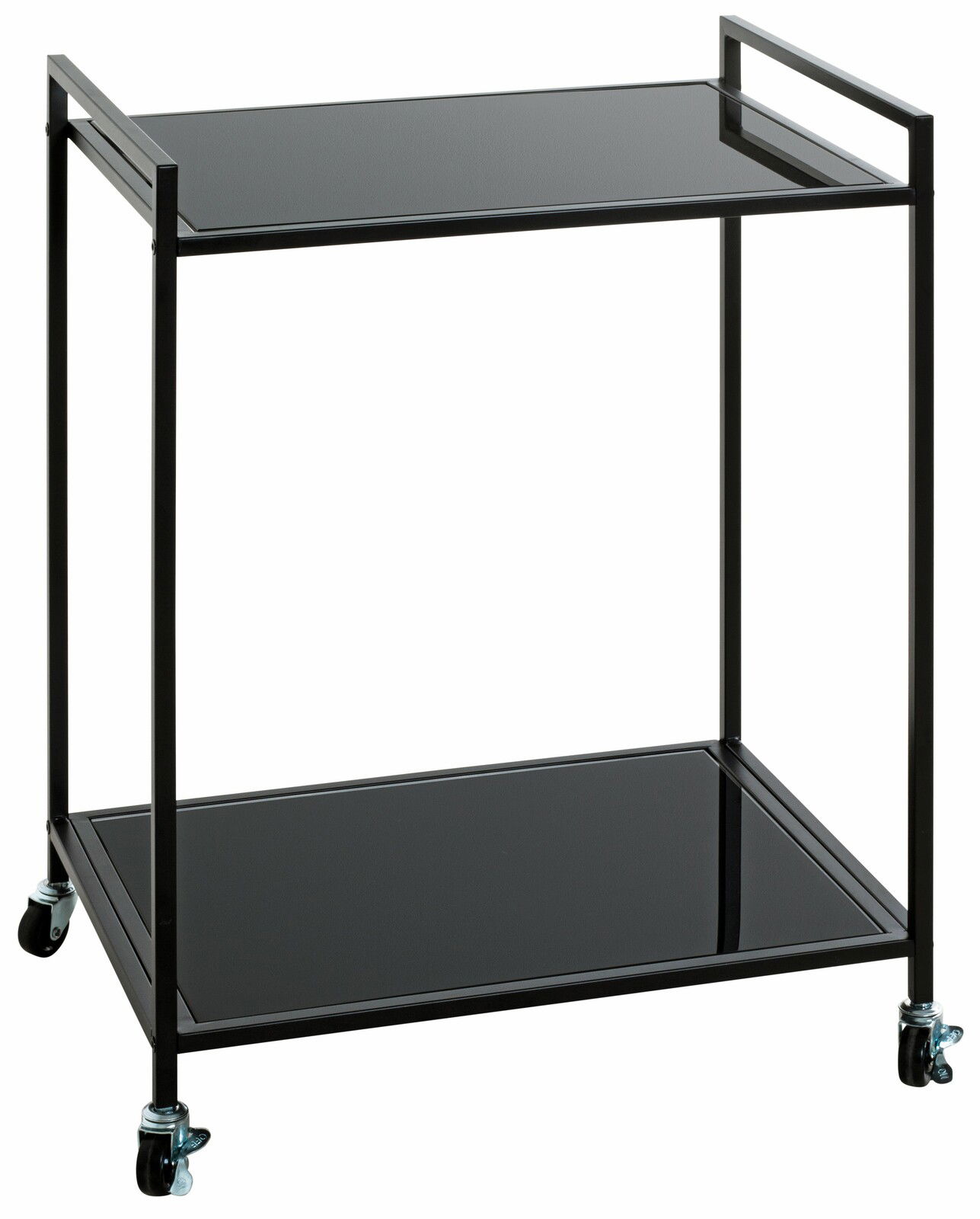 Moderner Beistellwagen mit zwei schwarzen Glasablagen und Metallrahmen, seitliche Perspektive.