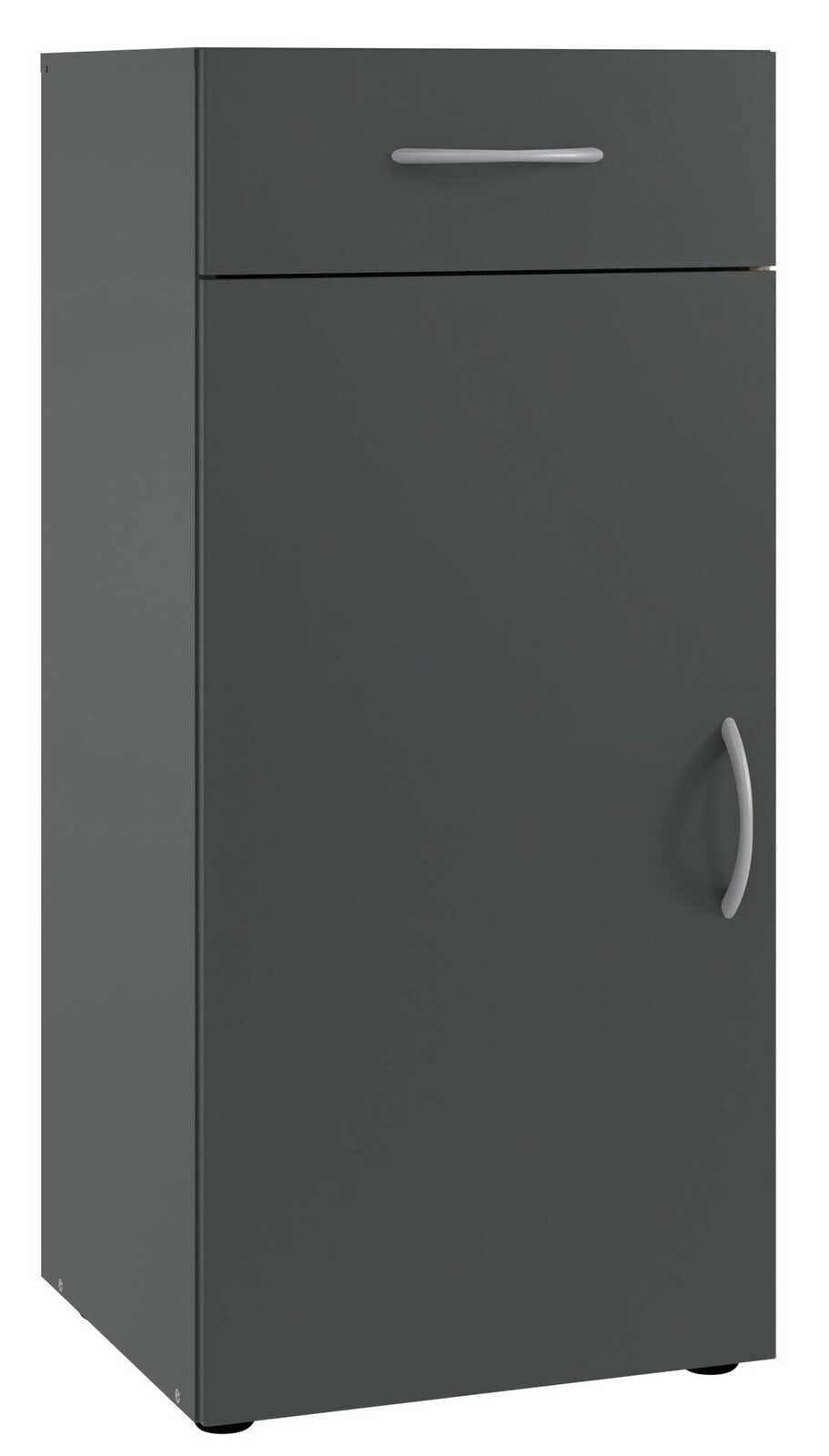 Graue Kommode mit einer Schublade und einer Tür, Frontansicht