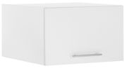 Weißer Aufsatzschrank mit Metallgriff, perspektivisch von vorne rechts fotografiert.
