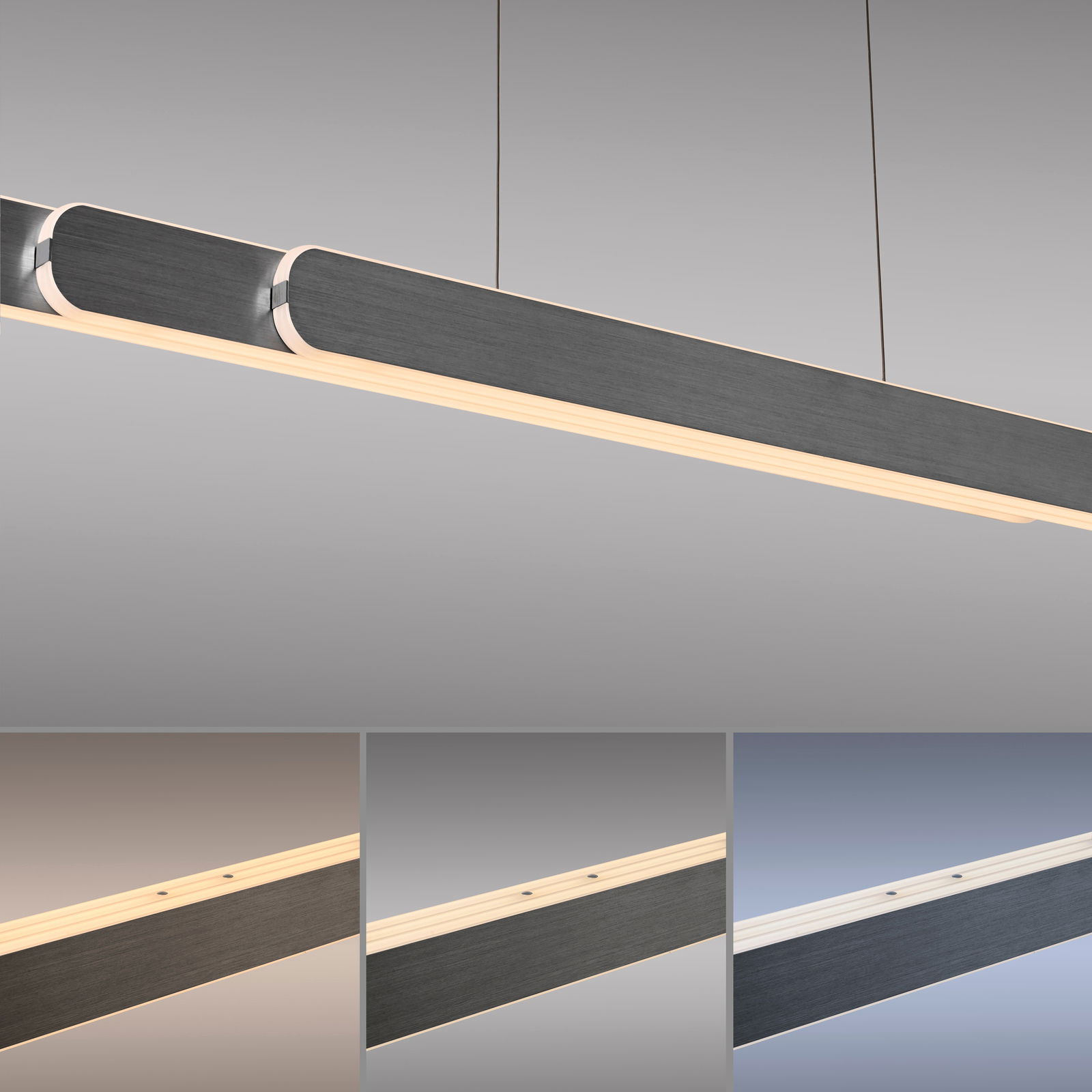 Moderne Pendelleuchte ADRIANA ROUND von Paul Neuhaus in seitlicher Perspektive, mit elegantem, langem Design und warmweißer Beleuchtung.