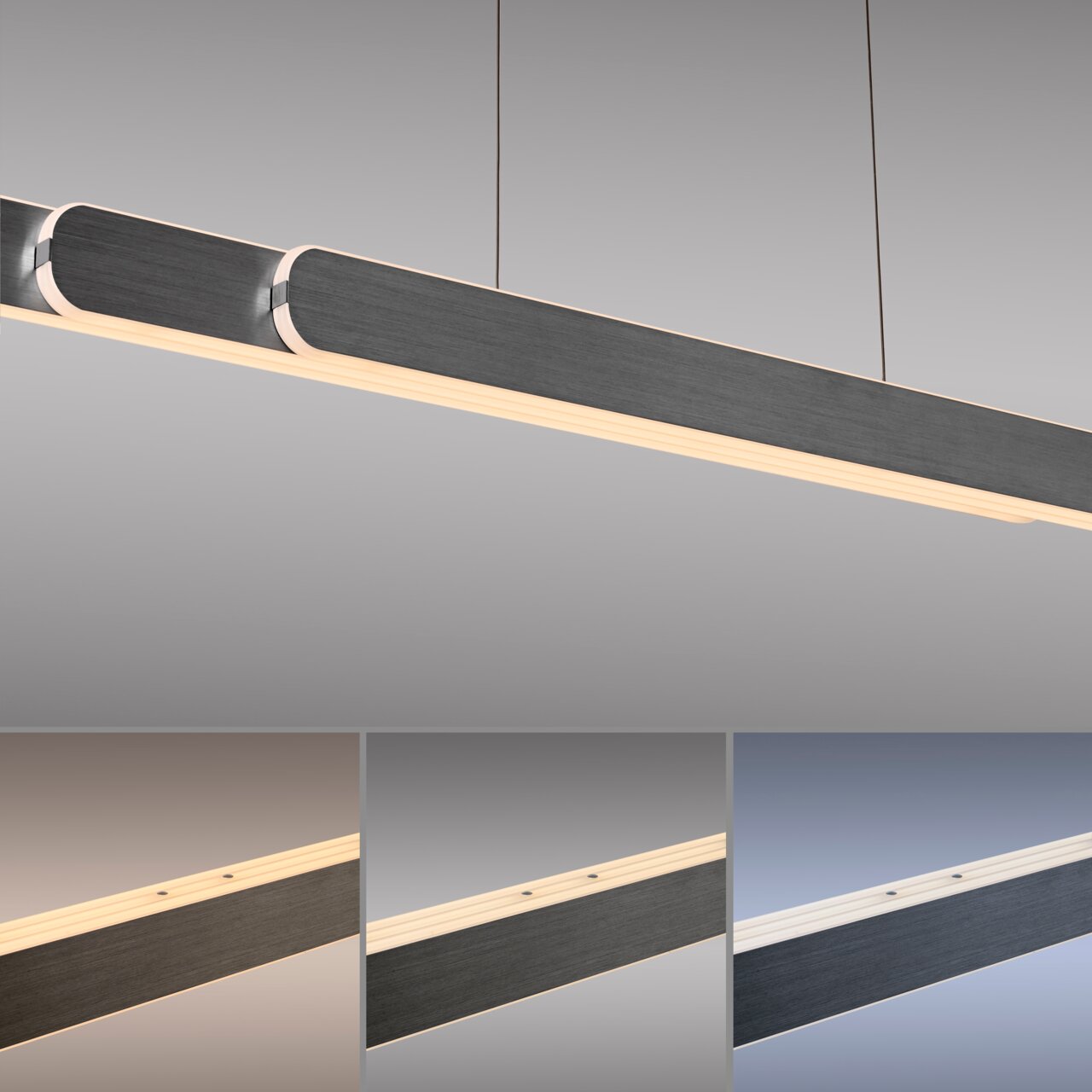 Moderne Pendelleuchte ADRIANA ROUND von Paul Neuhaus in seitlicher Perspektive, mit elegantem, langem Design und warmweißer Beleuchtung.