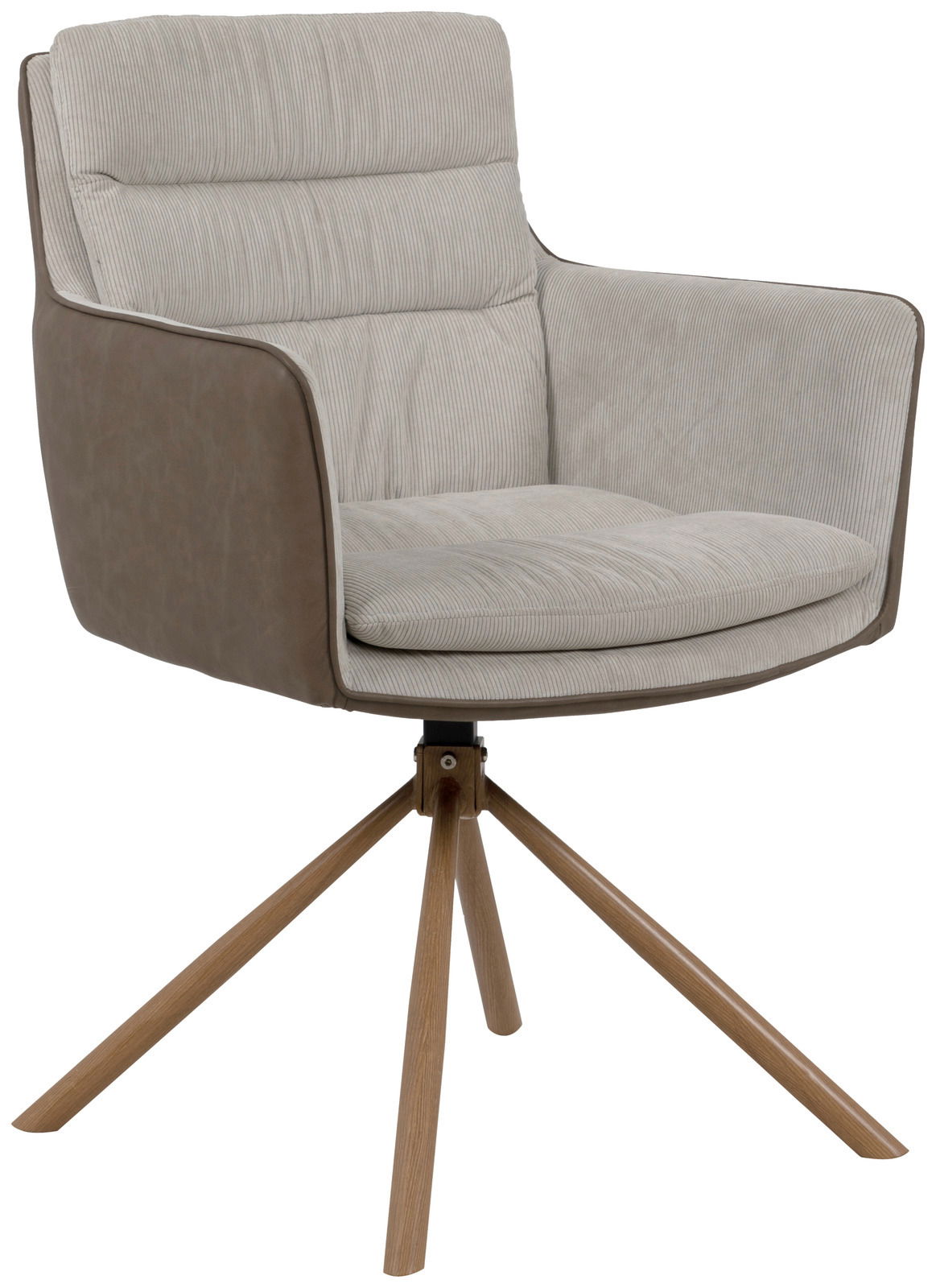 Z2 Armlehnstuhl LOGAN Moderner Armlehnstuhl mit hellgrauem Stoffbezug und braunen Seitenteilen, auf einem Holzgestell mit vier Beinen. Perspektive von vorne seitlich.