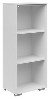 Weißes, schmales Aktenregal mit drei offenen Fächern, seitliche Perspektive