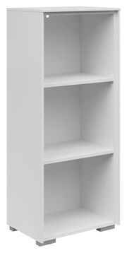 Weißes, schmales Aktenregal mit drei offenen Fächern, seitliche Perspektive