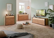 Moderne Wohnzimmermöbel aus Holz mit Sideboard, Kommode und TV-Lowboard in einem hellen Raum mit grüner Wand und dekorativen Pflanzen, seitliche Perspektive.