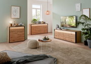 Moderne Wohnzimmermöbel aus Holz mit Sideboard, Kommode und TV-Lowboard in einem hellen Raum mit grüner Wand und dekorativen Pflanzen, seitliche Perspektive.