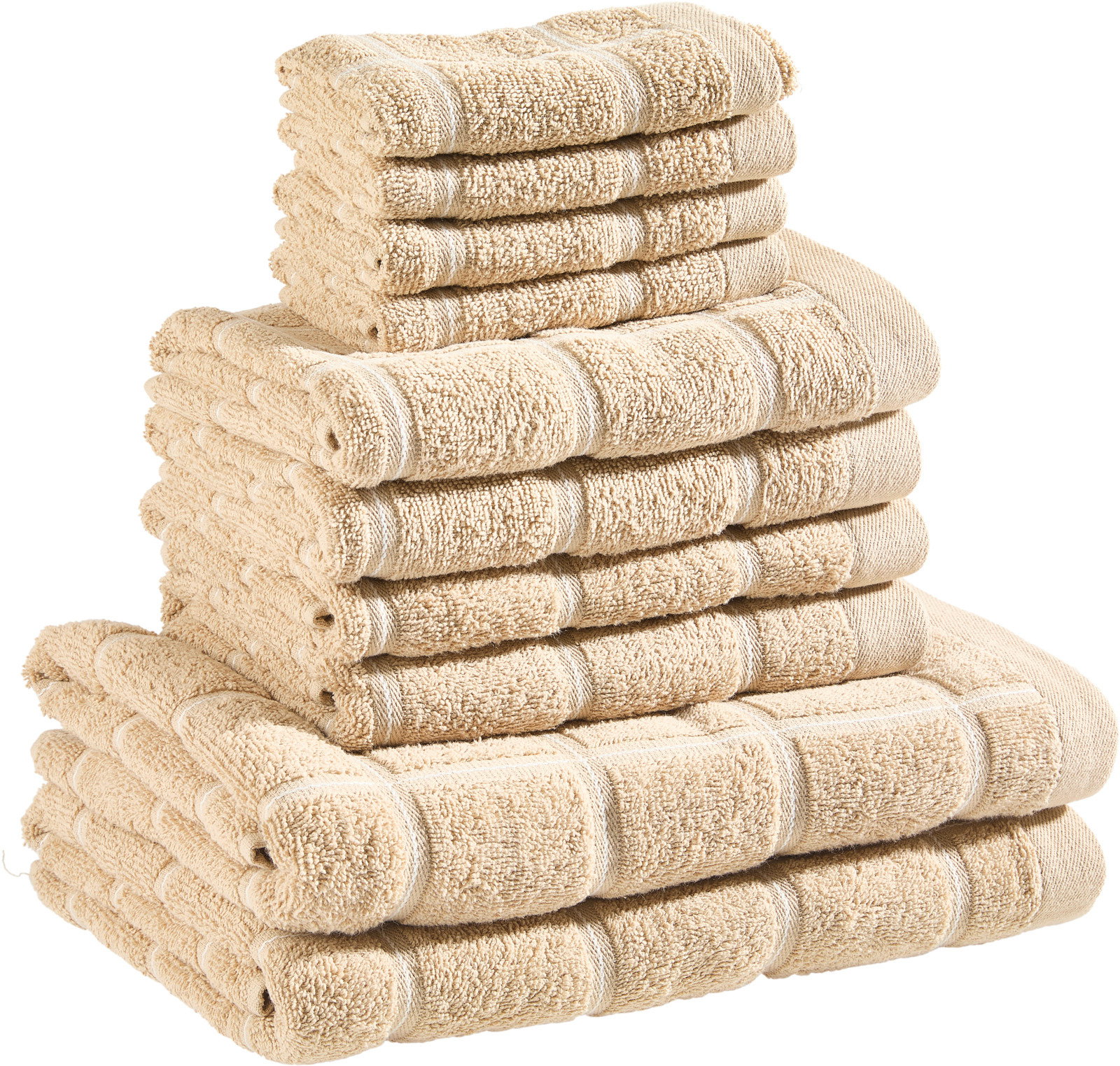 Beige Frottierset aus mehreren Handtüchern, gestapelt in einer seitlichen Perspektive.