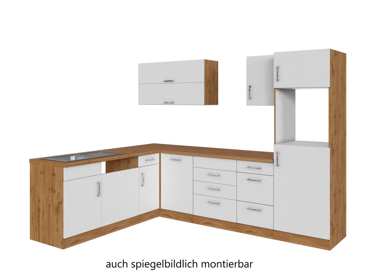 Eck-Küchenzeile in Holzoptik mit weißen Fronten, bestehend aus Unterschränken, Hängeschränken und einem Hochschrank, perspektivisch von vorne links betrachtet.