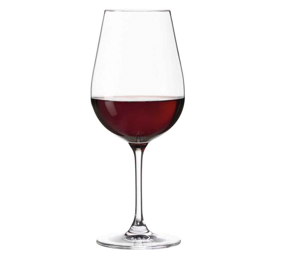 Rotweinglas Tivoli mit Rotwein, seitliche Perspektive