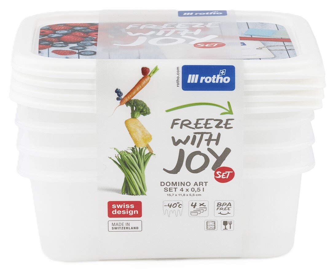 Rotho „Freeze with Joy“ Domino Art Gefrierboxen-Set (4 x 0,5 l) aus transparentem Kunststoff mit weißem Deckel, Frontansicht leicht von oben, mit Produktbanderole und Swiss-Design-Hinweis