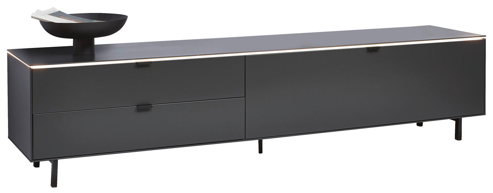 Dieter Knoll Tv-lowboard RIANI Modernes, schwarzes TV-Lowboard mit schlankem Design und Metallfüßen, seitliche Perspektive.