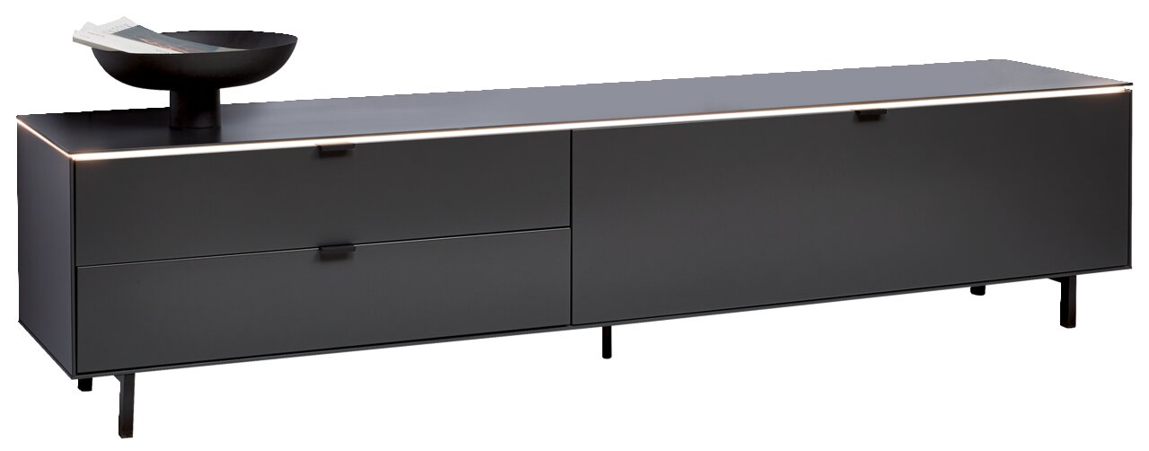 Dieter Knoll Tv-Lowboard RIANI Modernes, schwarzes TV-Lowboard mit schlankem Design und Metallfüßen, seitliche Perspektive.