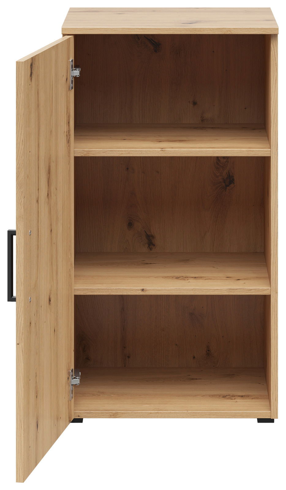 Holzkommode mit geöffneter Tür, zwei Regalböden sichtbar, Perspektive von vorne