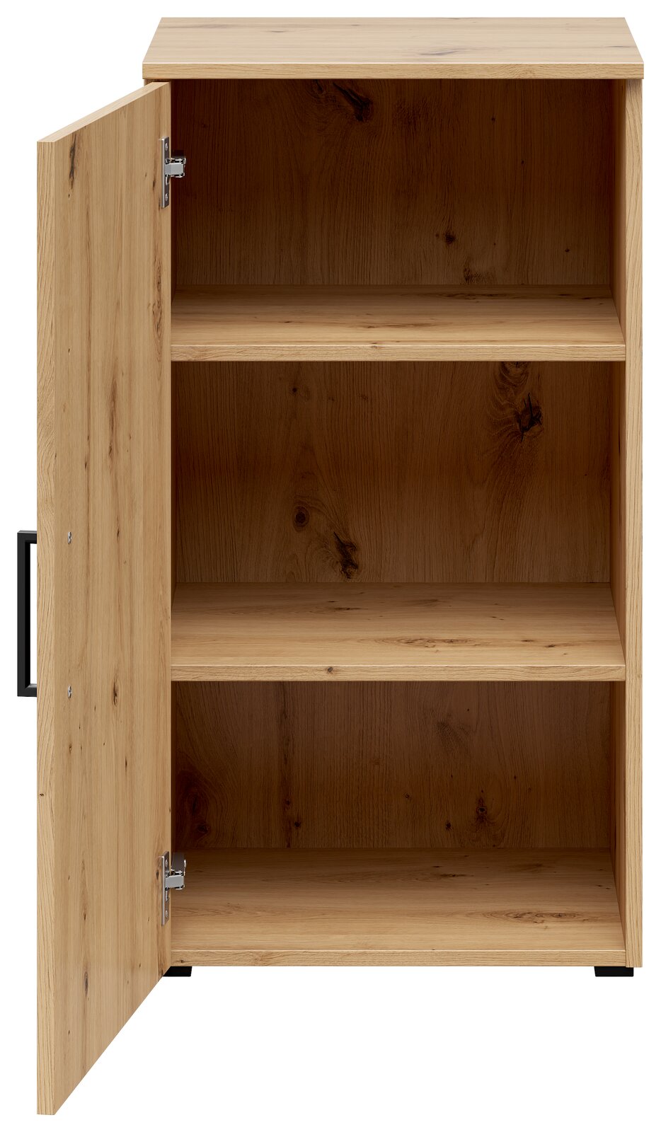 Holzkommode mit geöffneter Tür, zwei Regalböden sichtbar, Perspektive von vorne