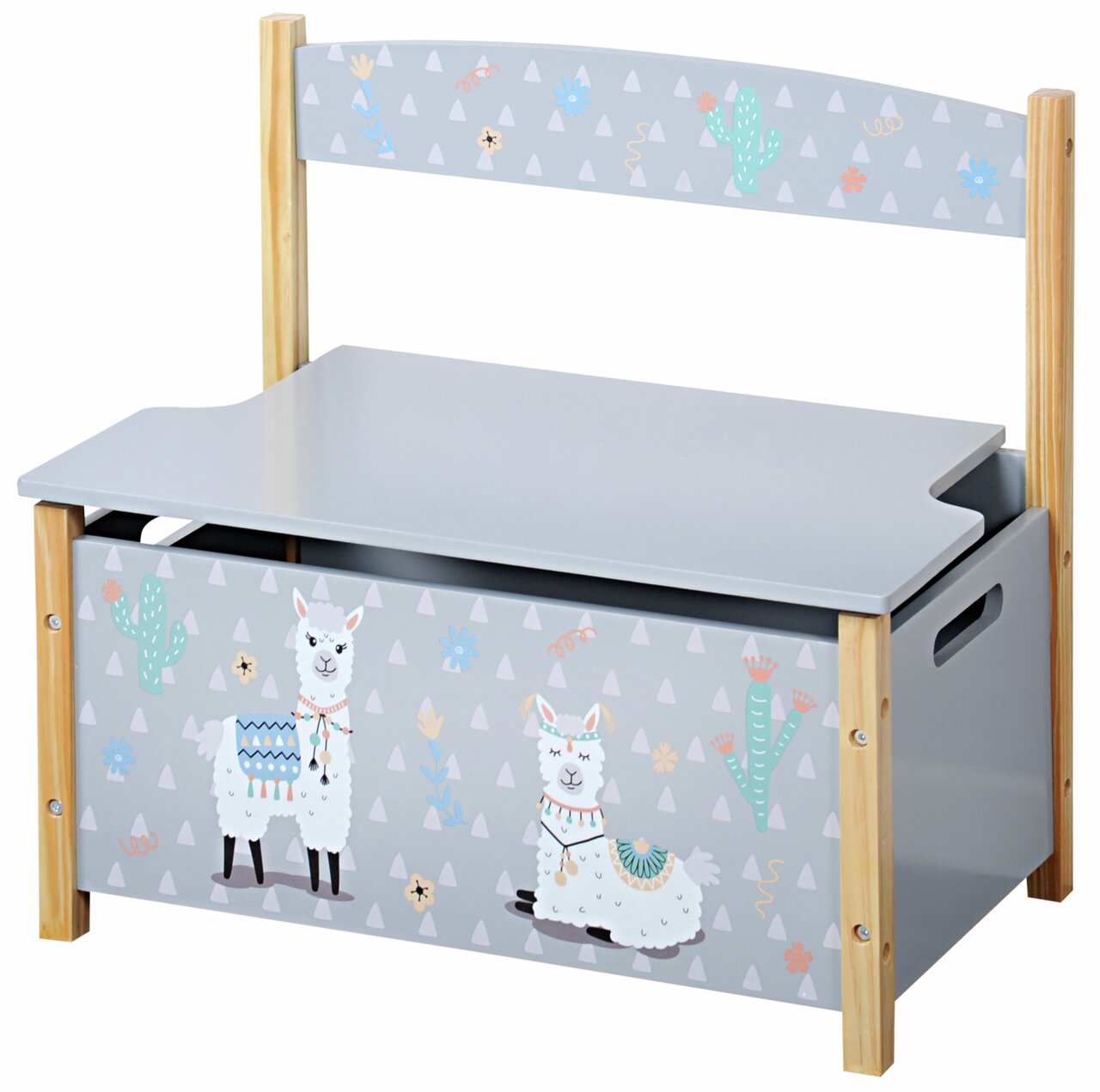 Kinderbankje met alpaca-motief, grijze kleur, zijaanzicht