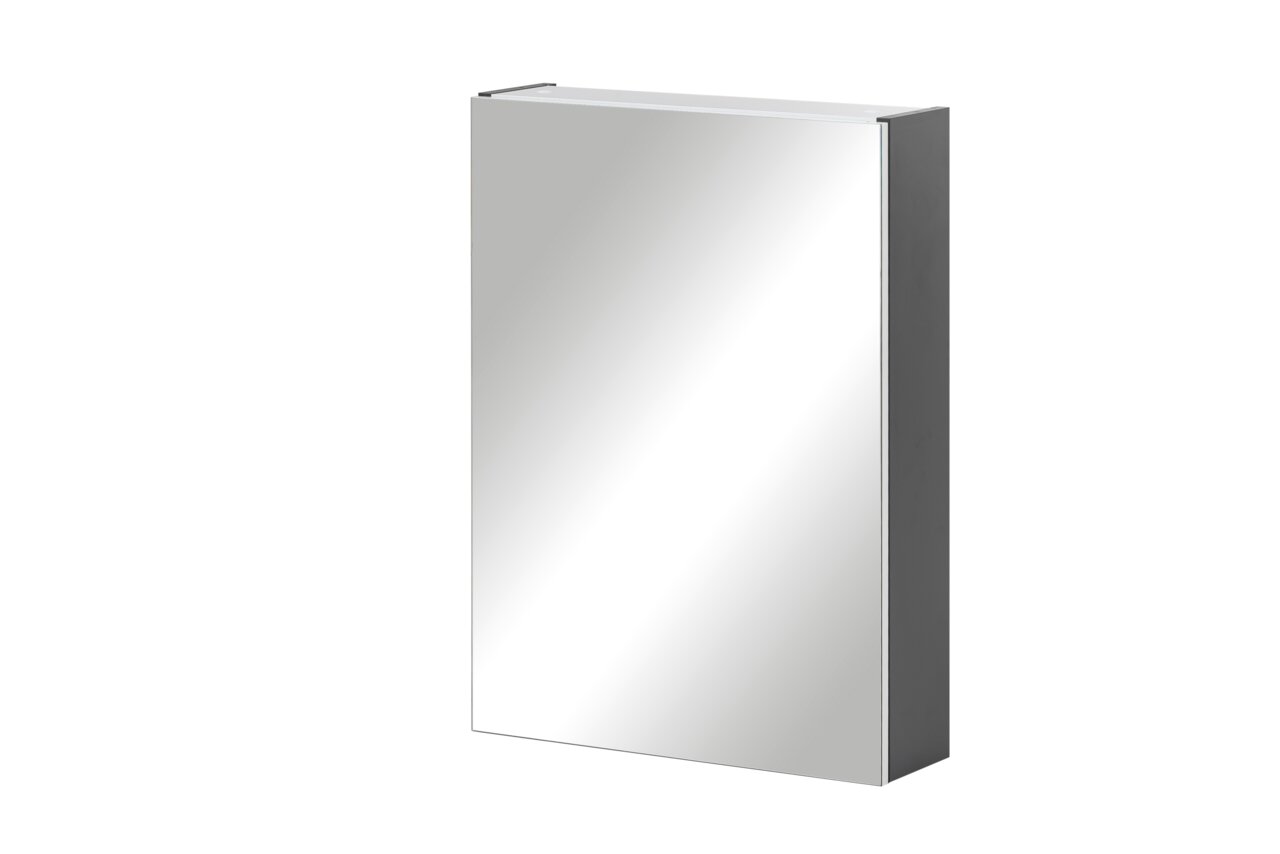 Moderner Spiegelschrank in seitlicher Perspektive mit schlichtem Design.
