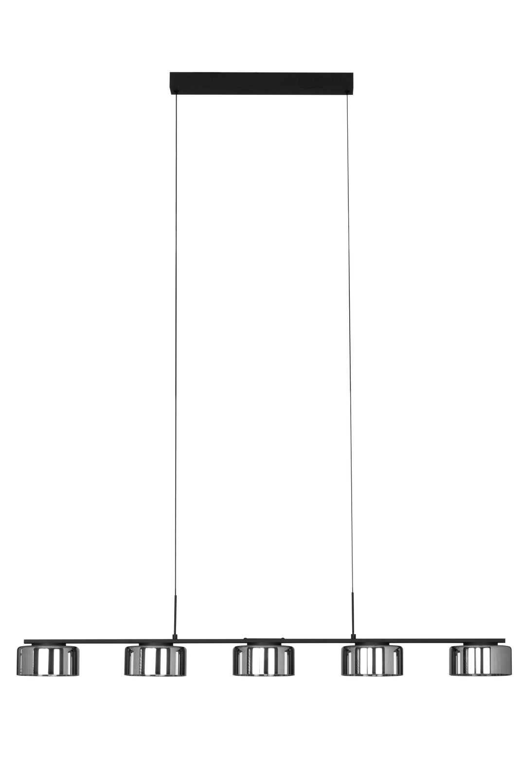 Moderne LED-Hängeleuchte mit fünf runden Lampenschirmen in schwarzer Ausführung, seitliche Perspektive.