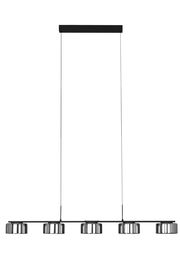 Moderne LED-Hängeleuchte mit fünf runden Lampenschirmen in schwarzer Ausführung, seitliche Perspektive.