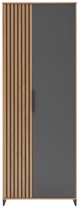 Frontansicht eines modernen Garderobenschranks mit einer Kombination aus Holzlamellen und glatter grauer Oberfläche.