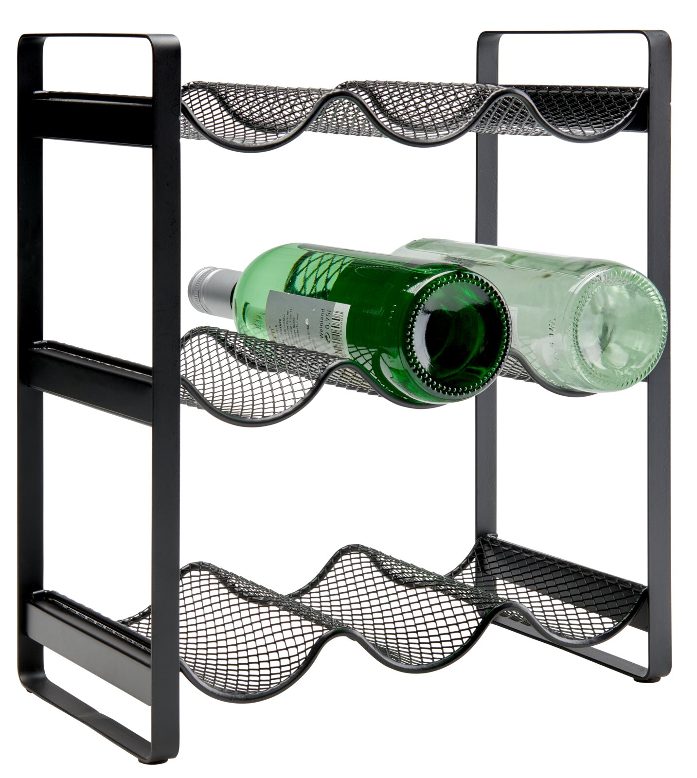 Zwart metalen flessenrek met golvende planken, zijaanzicht, twee groene flessen liggen erin.