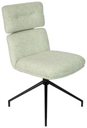 Moderner Stuhl mit hellgrünem Stoffbezug und schwarzem Metallgestell, seitliche Perspektive