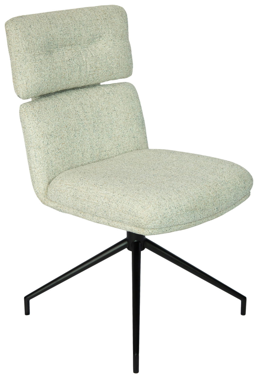 Moderner Stuhl mit hellgrünem Stoffbezug und schwarzem Metallgestell, seitliche Perspektive