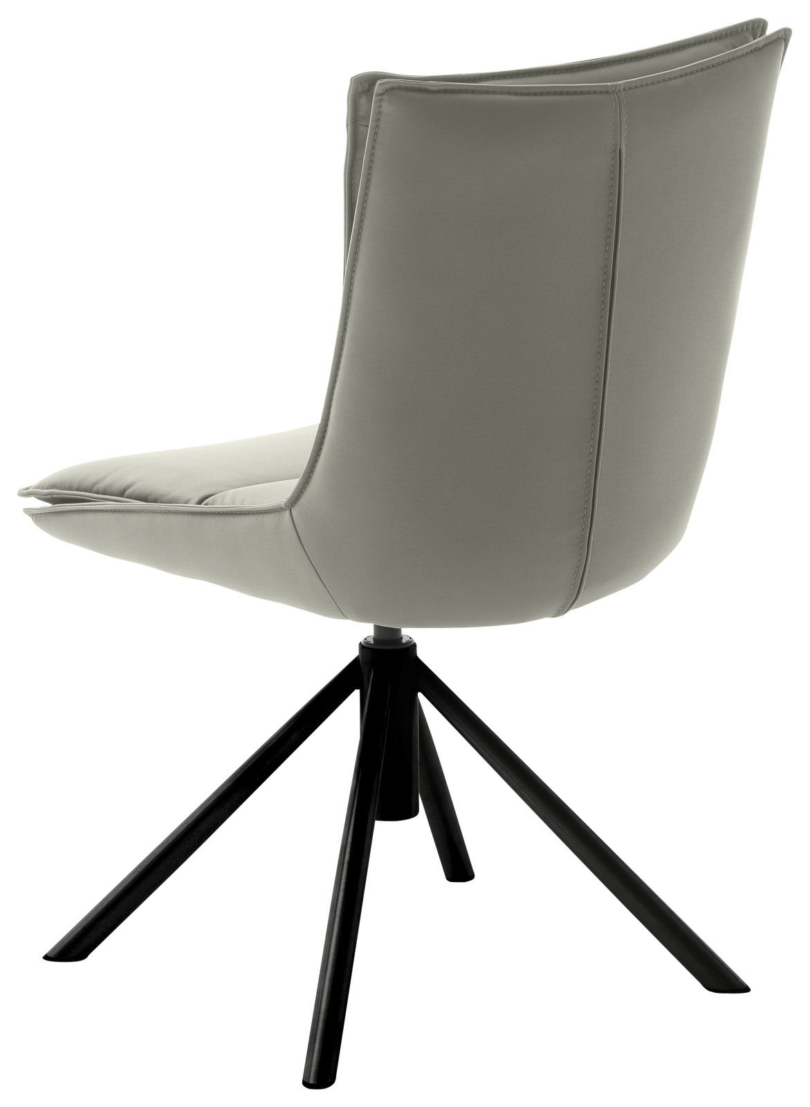 Moderner Stuhl mit gepolsterter Rückenlehne und schwarzem Metallgestell, seitliche Perspektive.