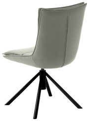 Moderner Stuhl mit gepolsterter Rückenlehne und schwarzem Metallgestell, seitliche Perspektive.