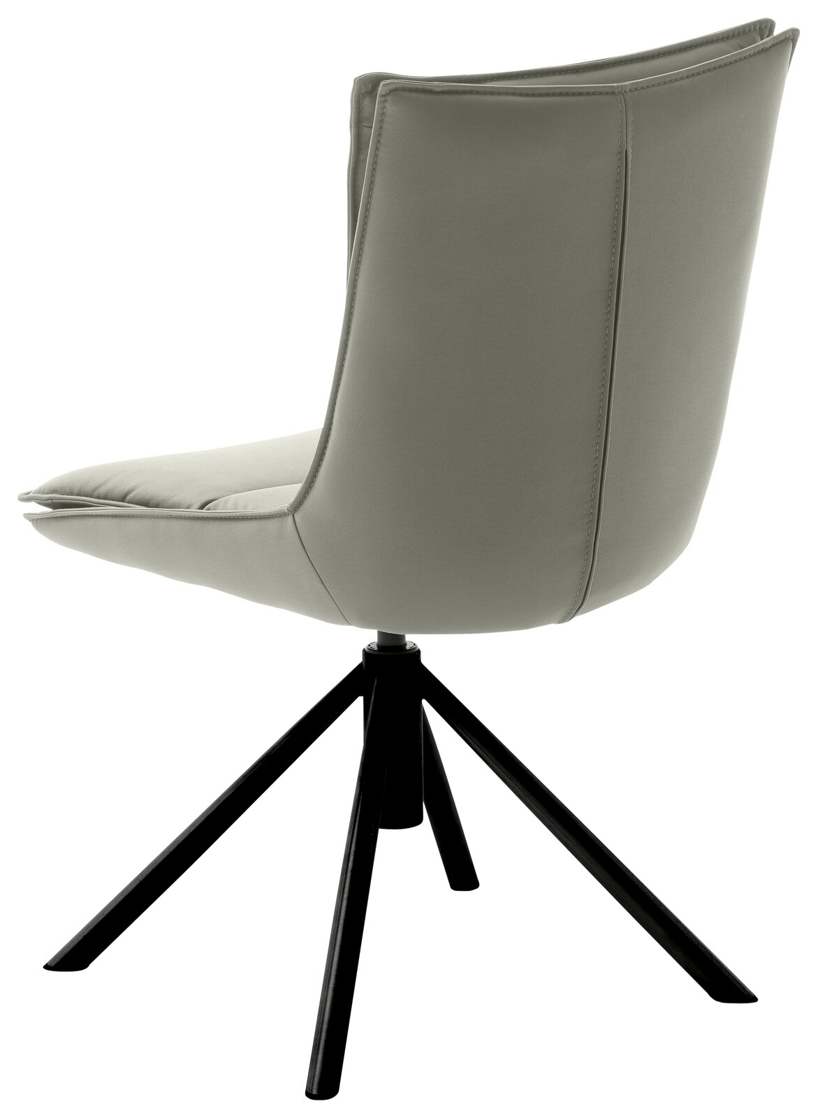 Moderner Stuhl mit gepolsterter Rückenlehne und schwarzem Metallgestell, seitliche Perspektive.