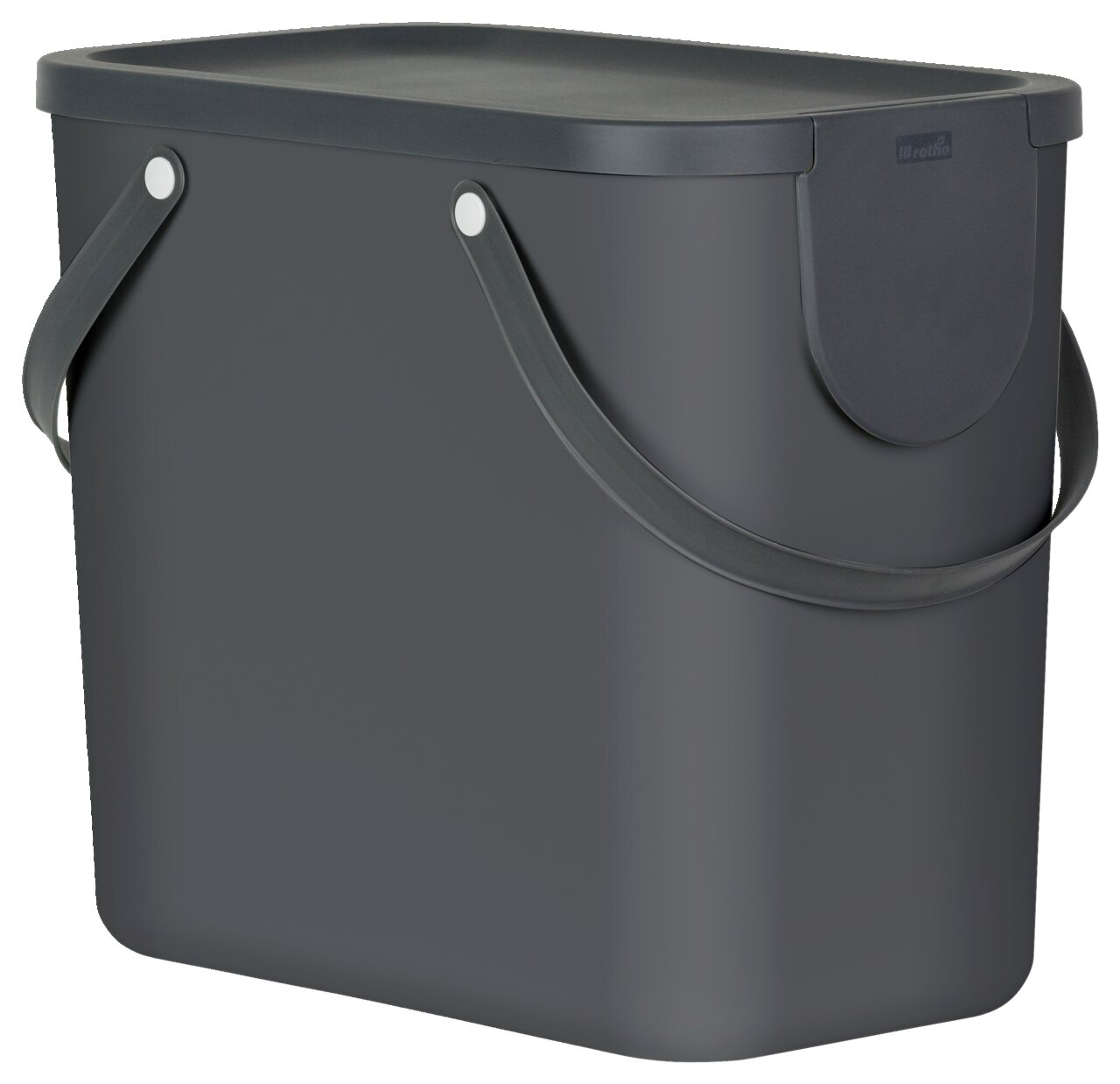 rotho Recycling-Müllsystem 25l Albula Graues Recycling-Müllsystem mit 25 l Fassungsvermögen, seitliche Ansicht mit zwei Griffen.