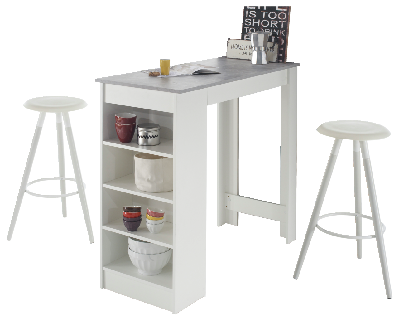 Z2 Bartisch MOJITO Moderner weißer Bartisch mit integriertem Regal, dekoriert mit Geschirr und Accessoires, aus seitlicher Perspektive fotografiert.