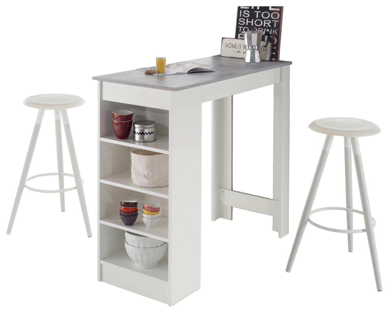 Z2 Bartisch MOJITO Moderner weißer Bartisch mit integriertem Regal, dekoriert mit Geschirr und Accessoires, aus seitlicher Perspektive fotografiert.