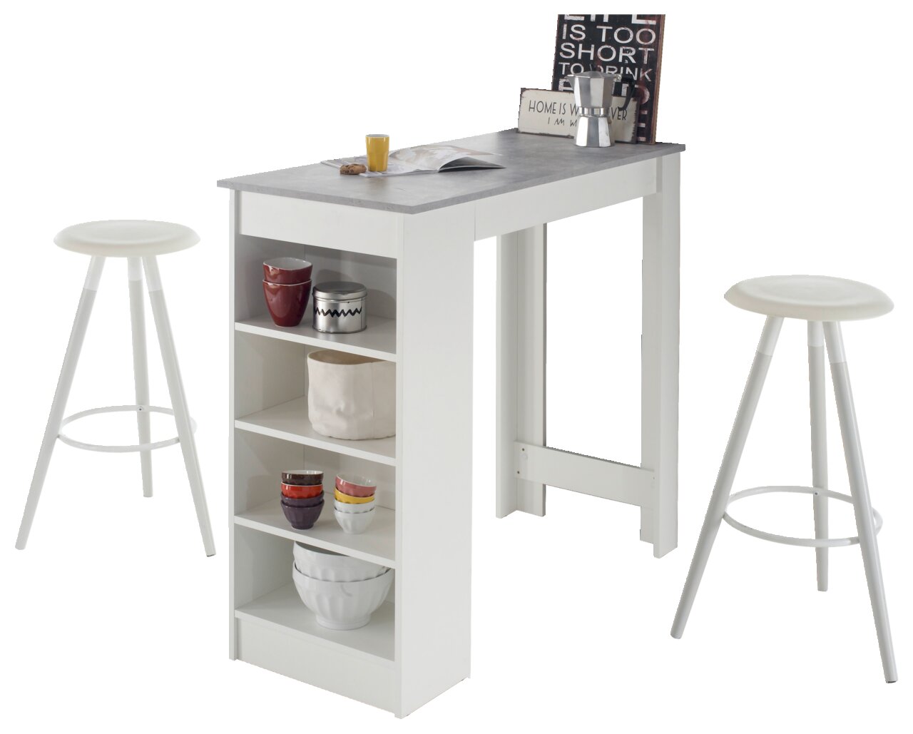 Z2 Bartisch MOJITO Moderner weißer Bartisch mit integriertem Regal, dekoriert mit Geschirr und Accessoires, aus seitlicher Perspektive fotografiert.