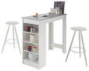 Moderner weißer Bartisch mit integriertem Regal, dekoriert mit Geschirr und Accessoires, aus seitlicher Perspektive fotografiert.