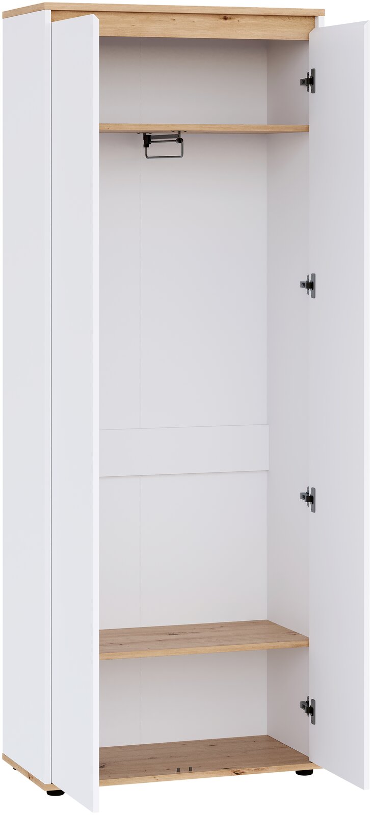 Offener weißer Kleiderschrank mit Holzoptik-Deckplatte und -Böden, Innenraum mit Ablage und ausziehbarer Kleiderstange, Frontansicht leicht schräg von vorn