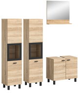 Badkombination BOSTON in Holzoptik mit zwei hohen Schränken, einem Spiegelschrank und einem Unterschrank, frontal abgebildet.