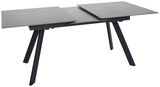 Moderner Esstisch mit ausziehbarer grauer Tischplatte und schwarzen schrägen Beinen, seitliche Perspektive