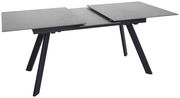 Moderner Esstisch mit ausziehbarer grauer Tischplatte und schwarzen schrägen Beinen, seitliche Perspektive