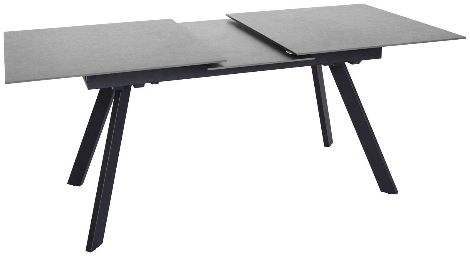 Moderner Esstisch mit ausziehbarer grauer Tischplatte und schwarzen schrägen Beinen, seitliche Perspektive