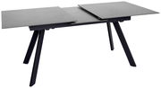 Moderner Esstisch mit ausziehbarer grauer Tischplatte und schwarzen schrägen Beinen, seitliche Perspektive