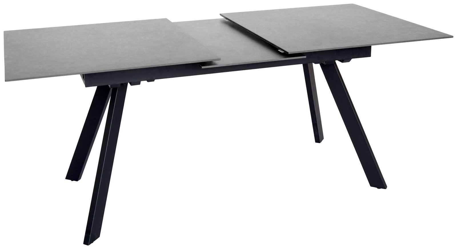 Moderner Esstisch mit ausziehbarer grauer Tischplatte und schwarzen schrägen Beinen, seitliche Perspektive