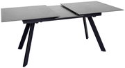 Moderner Esstisch mit ausziehbarer grauer Tischplatte und schwarzen schrägen Beinen, seitliche Perspektive