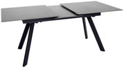 Moderne eettafel met uitschuifbaar grijs tafelblad en zwarte schuine poten, zijaanzicht